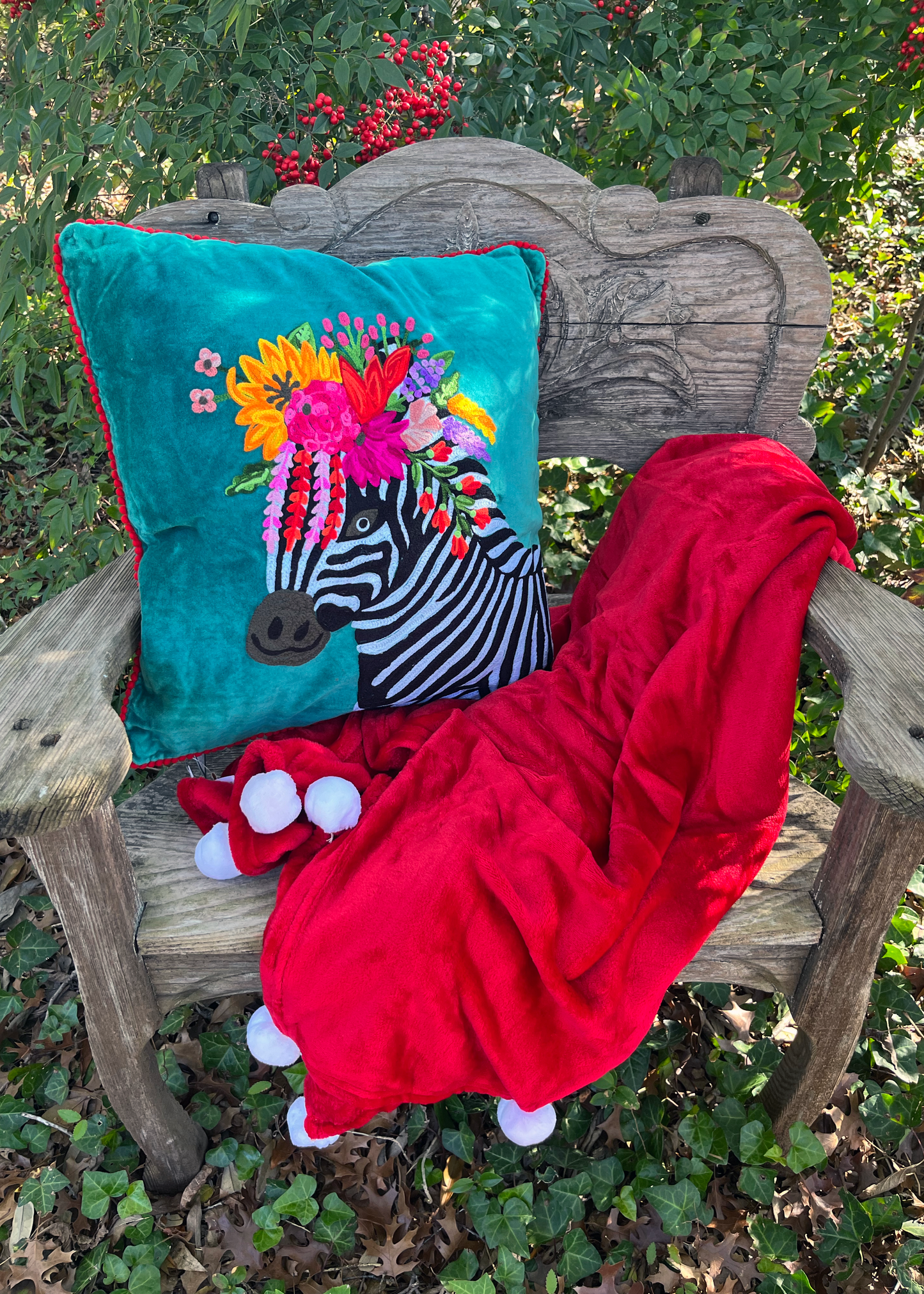 Santa Red & White Plush Pom Pom Throw