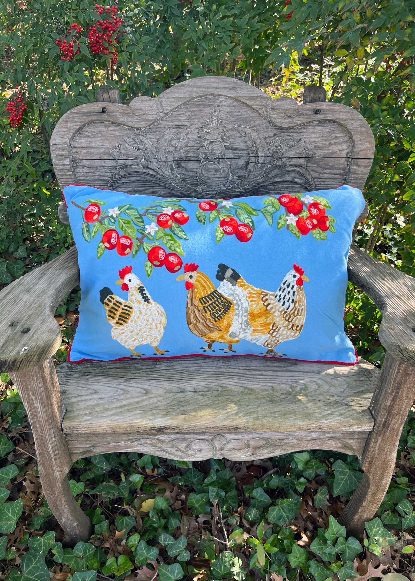 Spring Chickens Embroidered Pillow