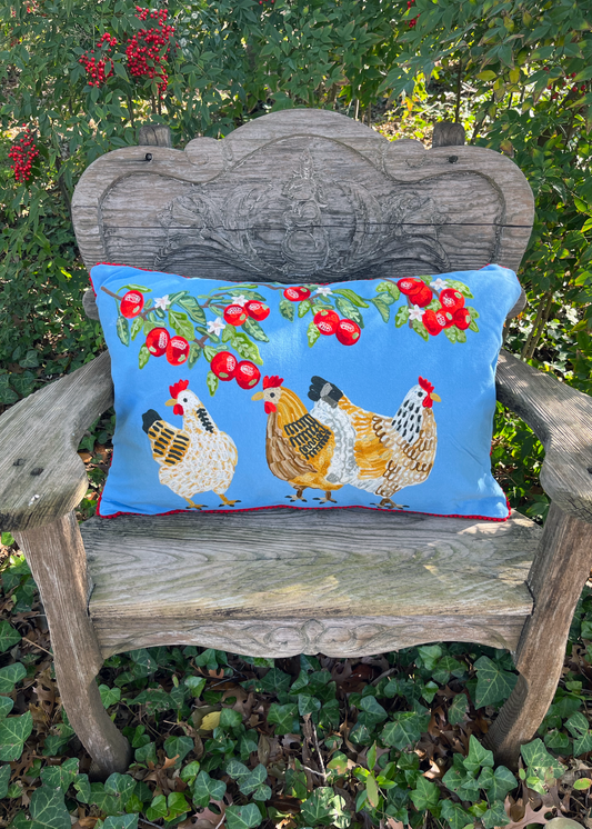 Cherry Chickens Embroidered Pillow