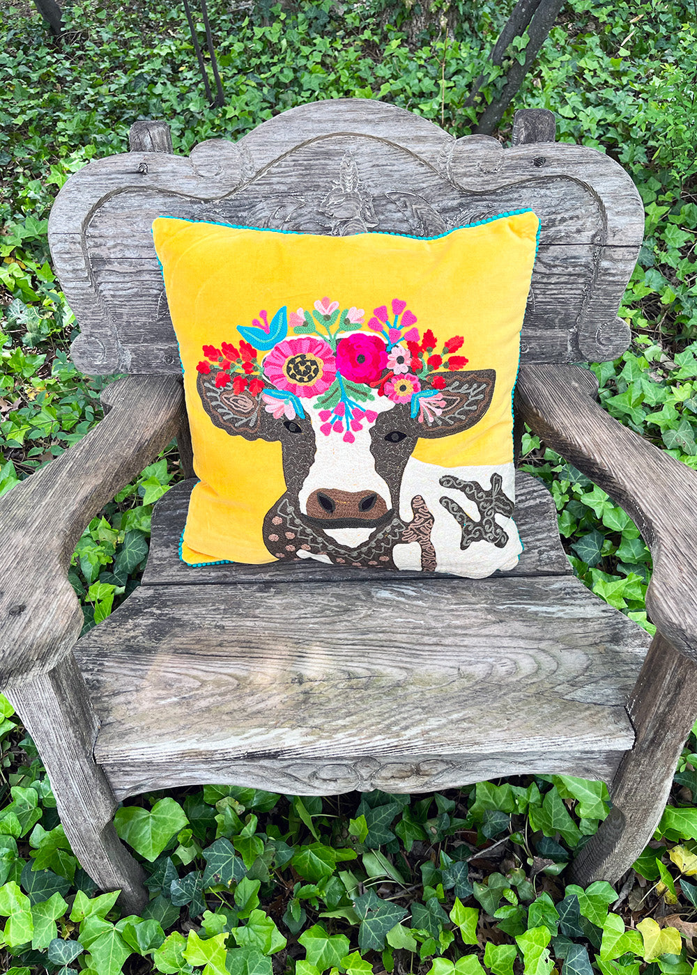 Floral Sheep Embroidered Pillow