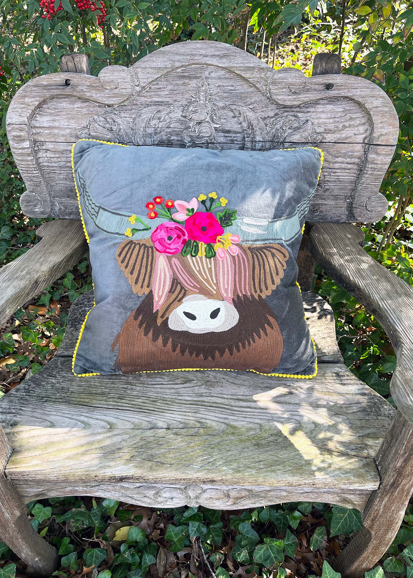 Floral Cow Embroidered Pillow
