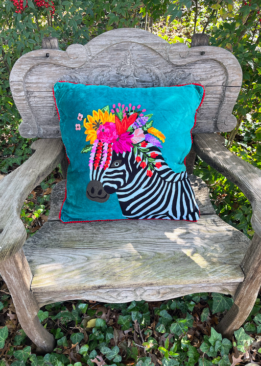 Floral Zebra Embroidered Pillow