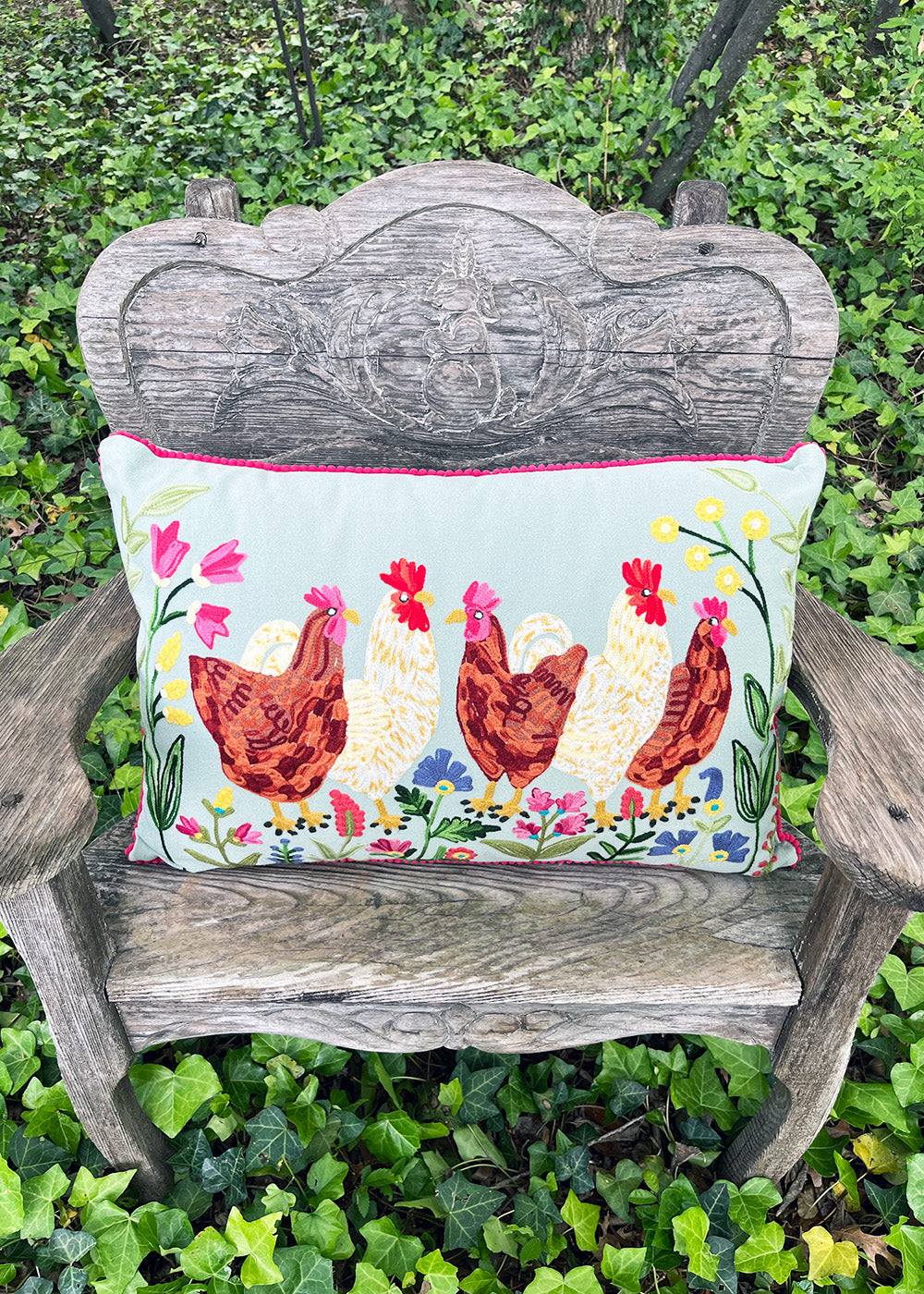 Cherry Chickens Embroidered Pillow