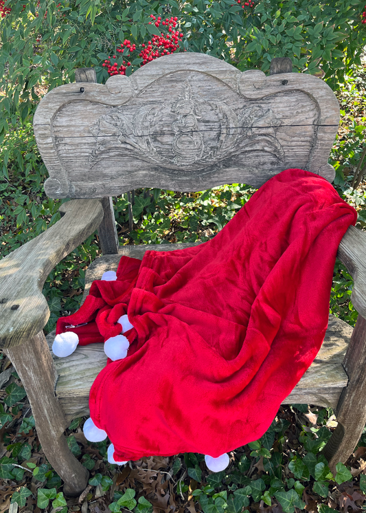Santa Red & White Plush Pom Pom Throw