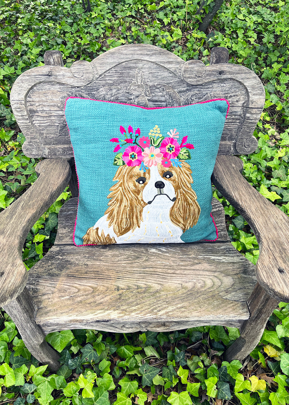 Floral Spaniel Embroidered Pillow